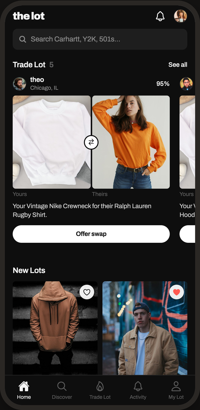 The Lot app showing a proposed trade between two closets, and a grid of newly listed pieces.